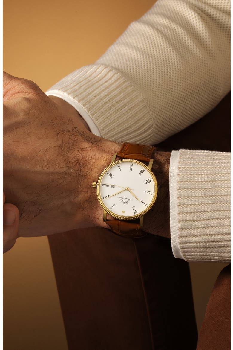 Veritas 1 Croc Embossed Leather Strap Watch, 40mm, Alternate, color, GOLD