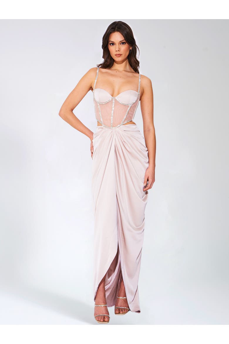 Cadencee Satin Crystal Embellished Corset Dress, Alternate, color, Champagne