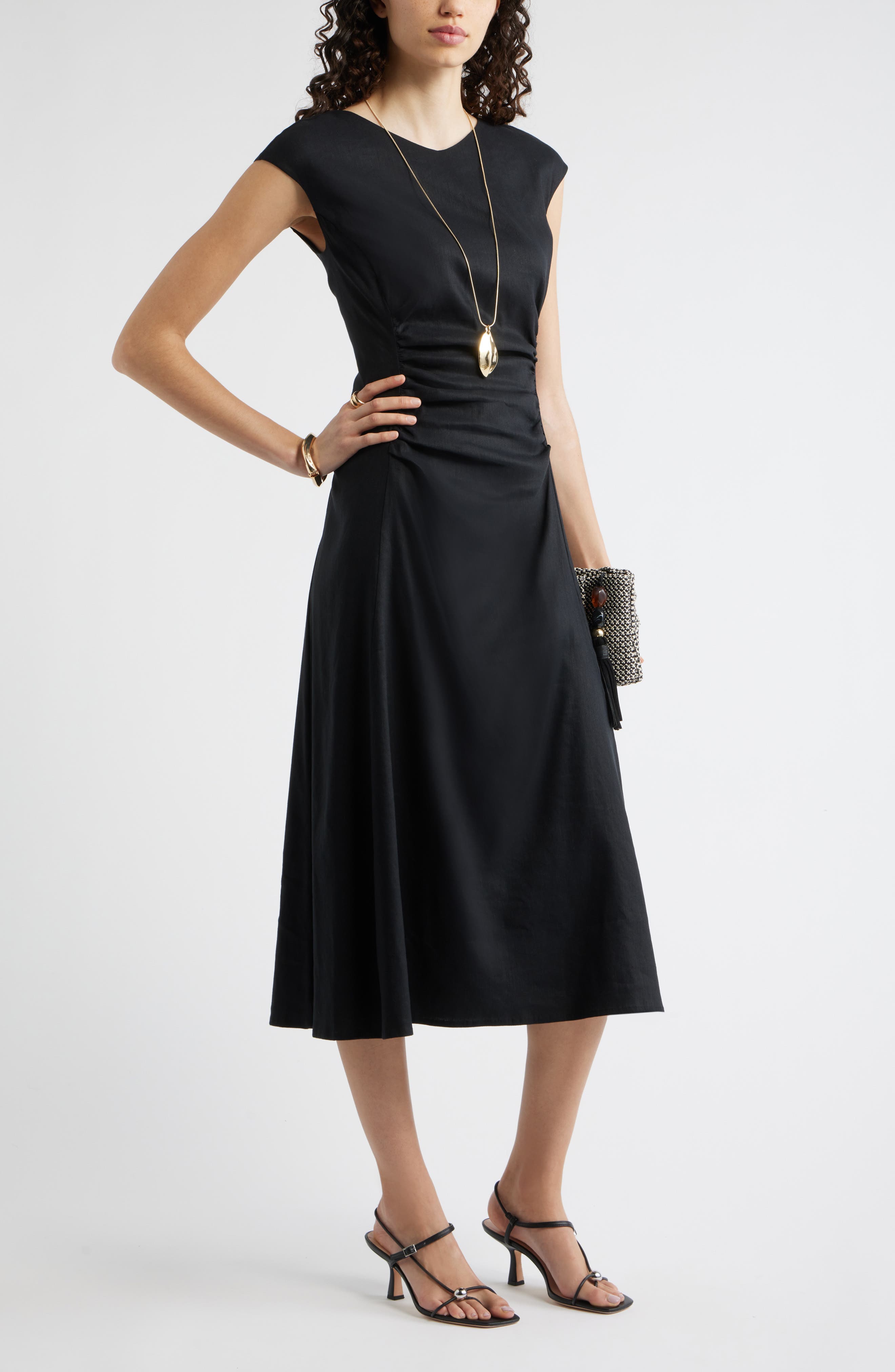 Женские Nordstrom Linen Blend Ruched Midi Dress — фото 2