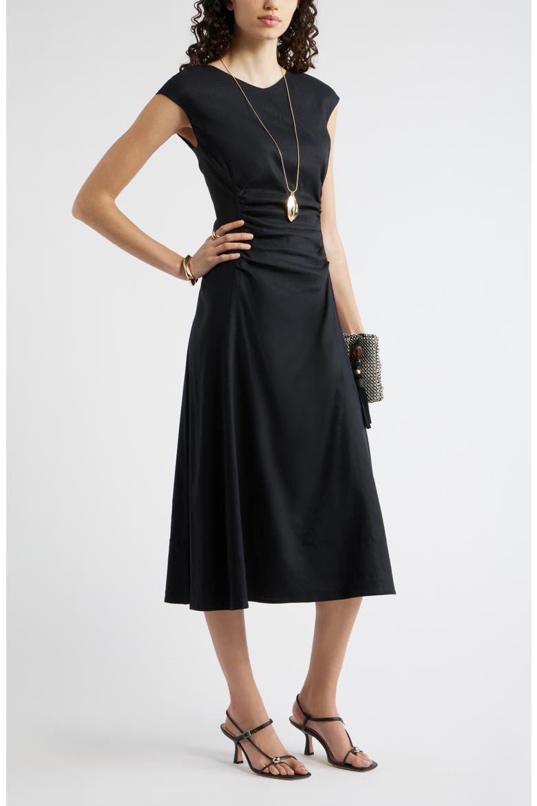 Linen Blend Ruched Midi Dress, Alternate, color, BLACK