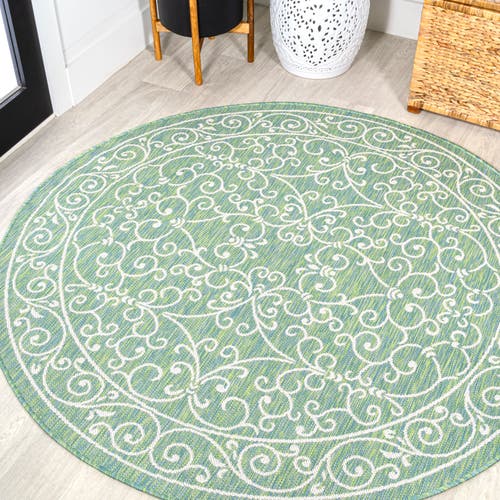 Jonathan Y Charleston Vintage Filigree Textured Weave Indoor/outdoor Round Area Rug In Green/ivory