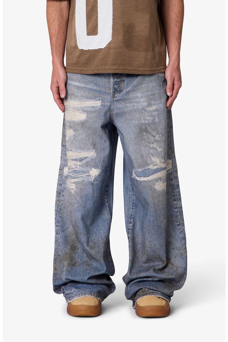 Oil Stain Printed Relaxed Wide Leg Ripped Jeans, Main, color, BLUE