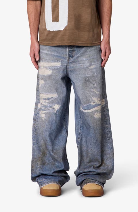 Oil Stain Printed Relaxed Wide Leg Ripped Jeans