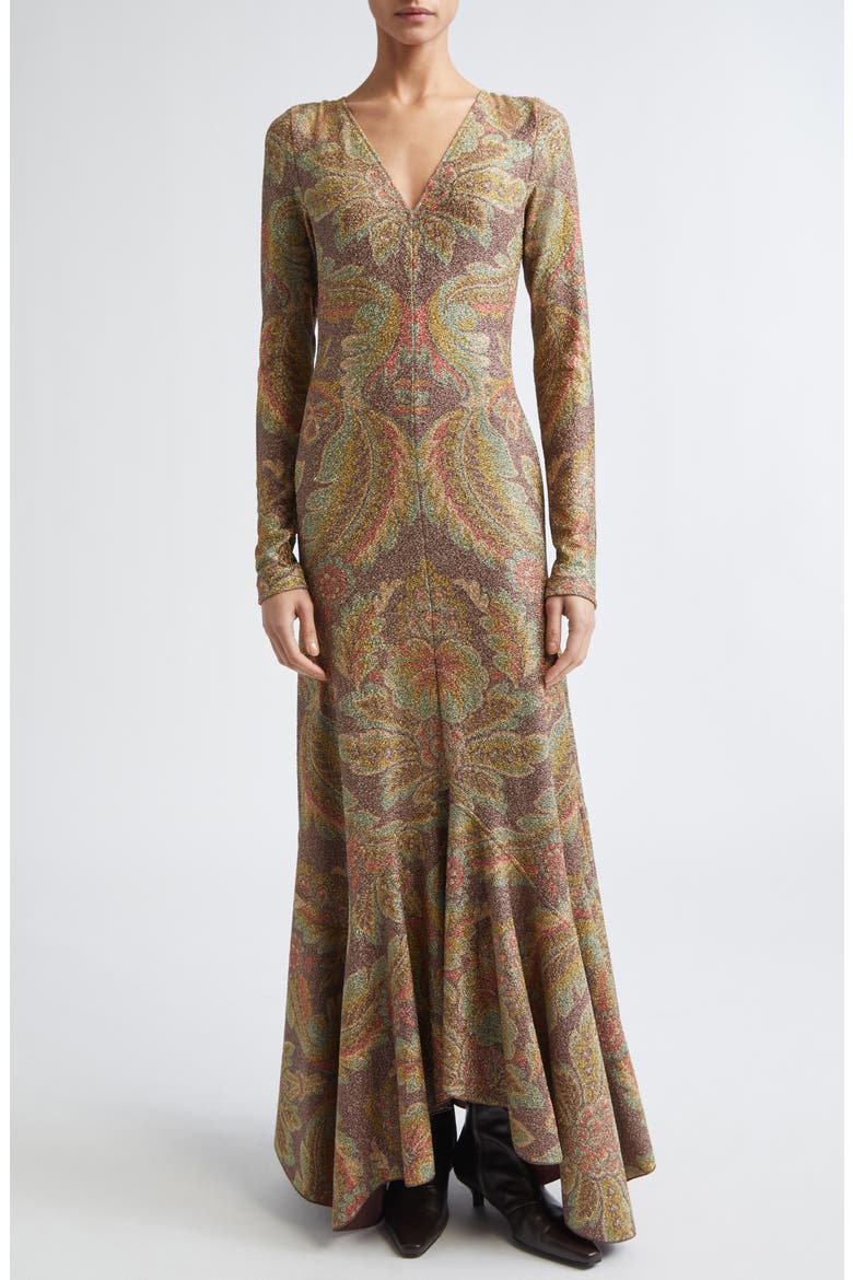Paisley Long Sleeve Terry Jersey Dress, Main, color, BROWN