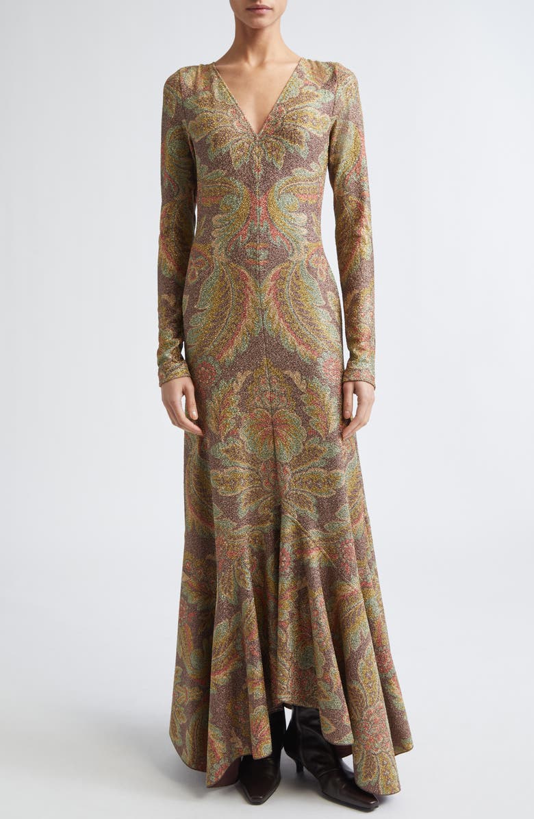 Etro Paisley Long Sleeve Terry Jersey Dress, Main, color, Brown