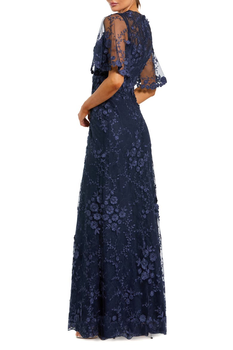 Flutter Sleeve Floral Embroidered Net Gown, Alternate, color, Midnight