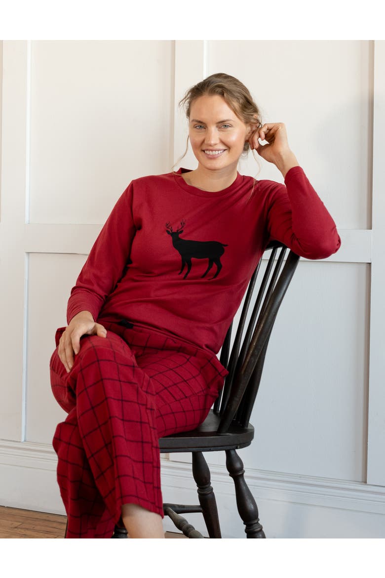 Women's Cotton Top & Flannel Pants Printed Holiday Pajama Set, Alternate, color, Reindeer White