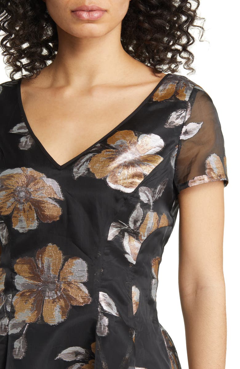 Shani Metallic Floral Jacquard Fit & Flare Organza Dress, Alternate, color, Black/ Gold