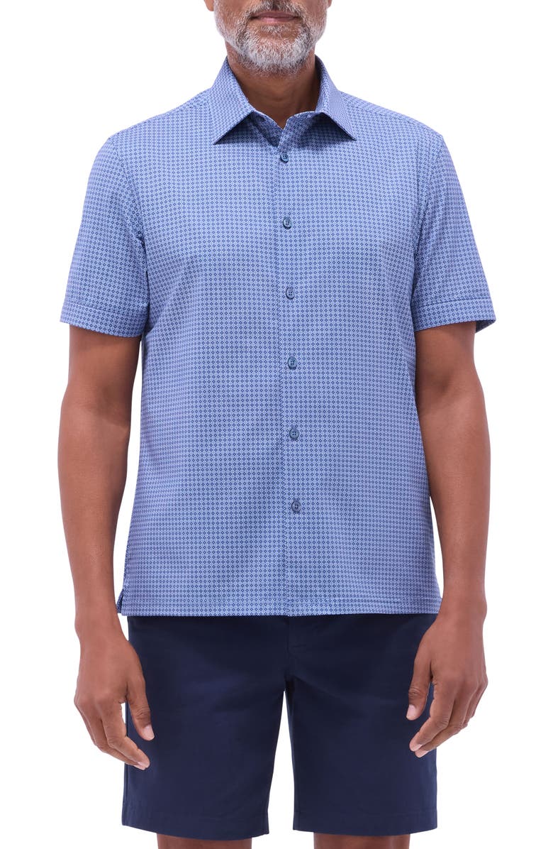 Bugatchi Milo OoohCotton<sup>®</sup> Print Short Sleeve Button-Up Shirt, Main, color, Cobalt