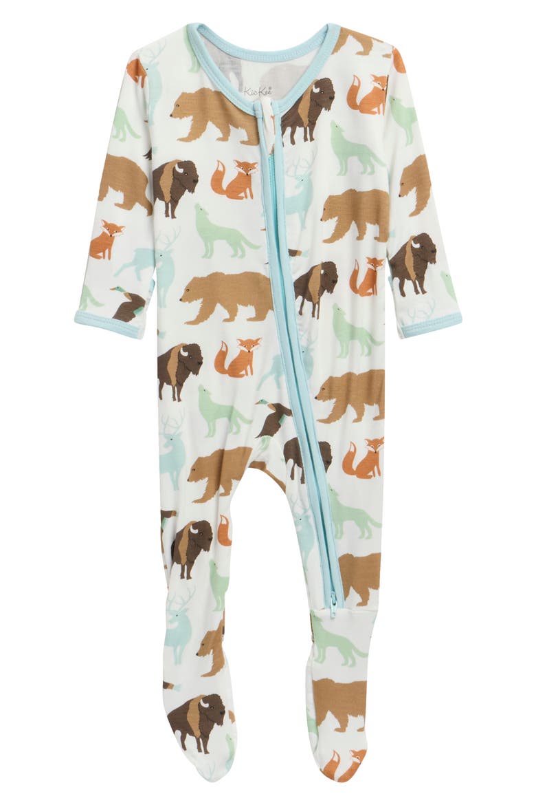 Animal Print Zip Fitted Fleece Footie, Main, color, WILDLIFE