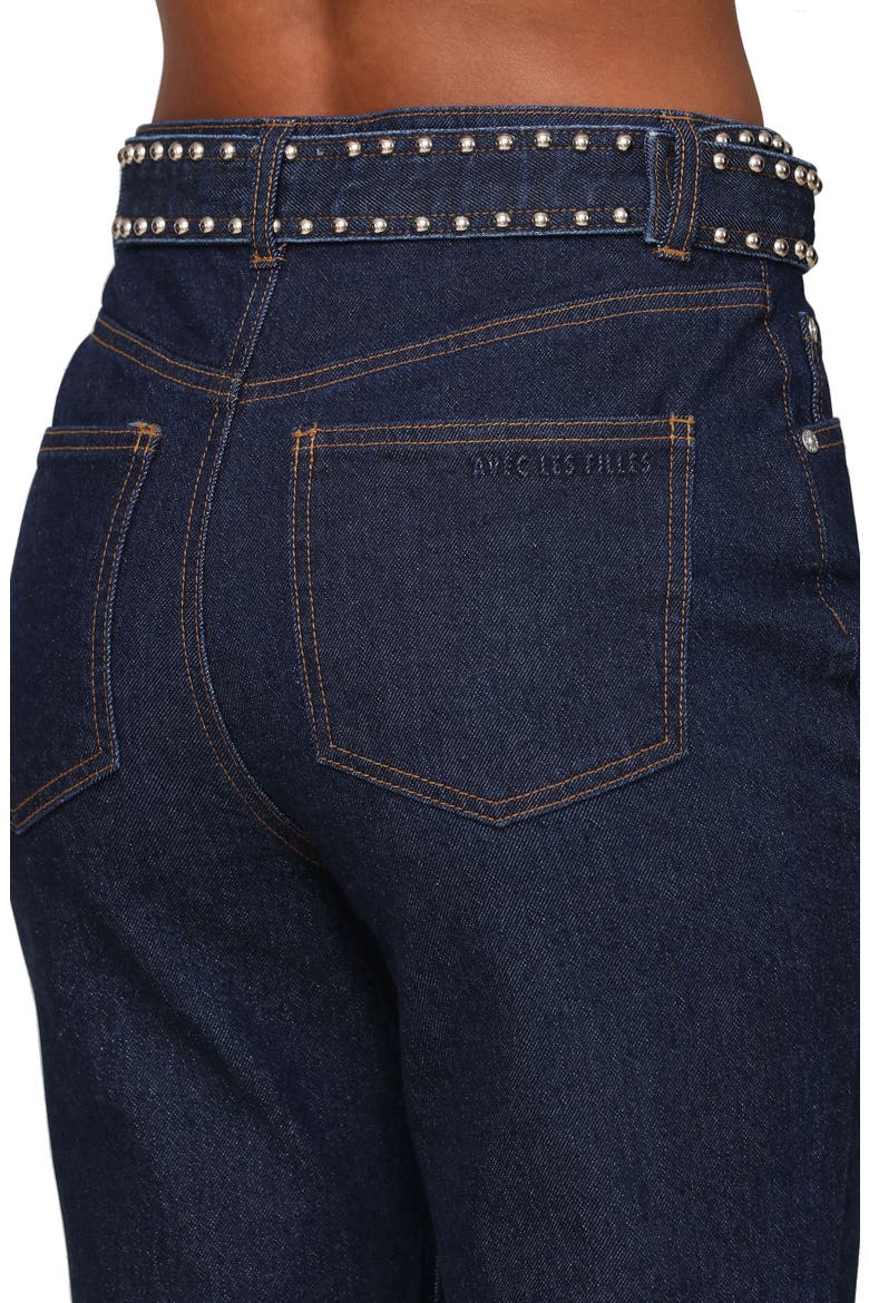 Studded Belt High Waist Flare Leg Jeans, Alternate, color, DARK RINSE WASH