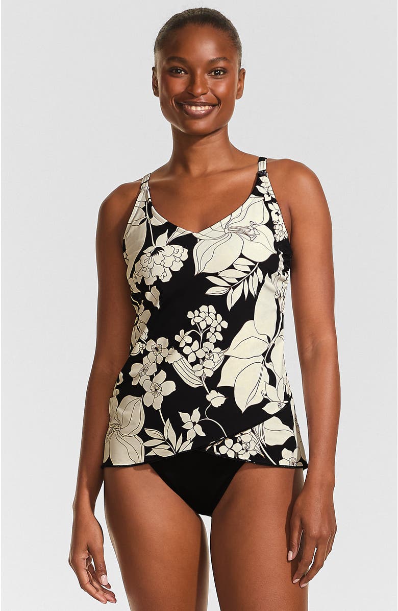 Lands' End Tulip Hem Tankini Top, Main, color, Black/Egret Lilies