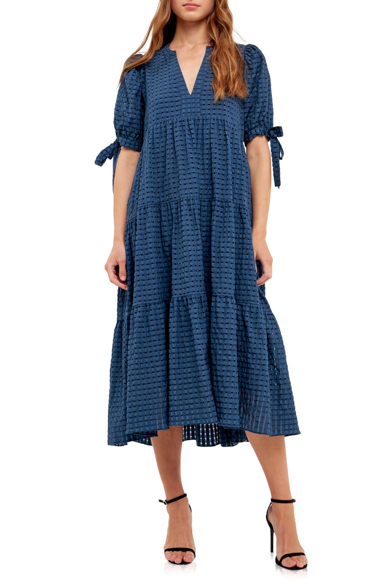Gingham Tiered Midi Dress, Main, color, NAVY