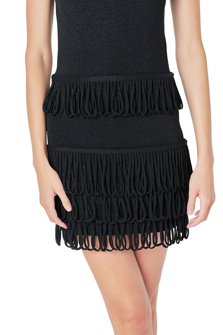 Tiered Loop Fringe Miniskirt, Alternate, color, BLACK