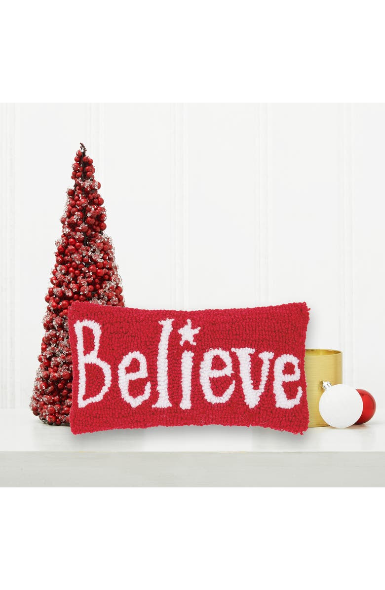 C&F Home Christmas "Believe" Small/Petite Hooked Accent Pillow, 6" x 12", Alternate, color, Red