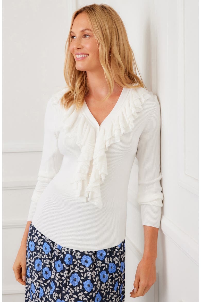 Ruffle V-Neck Sweater, Alternate, color, OFF WHITE