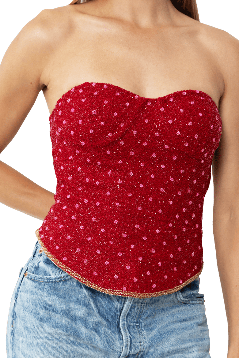 Perla Hand Beaded Embellished Corset Top, Alternate, color, Red