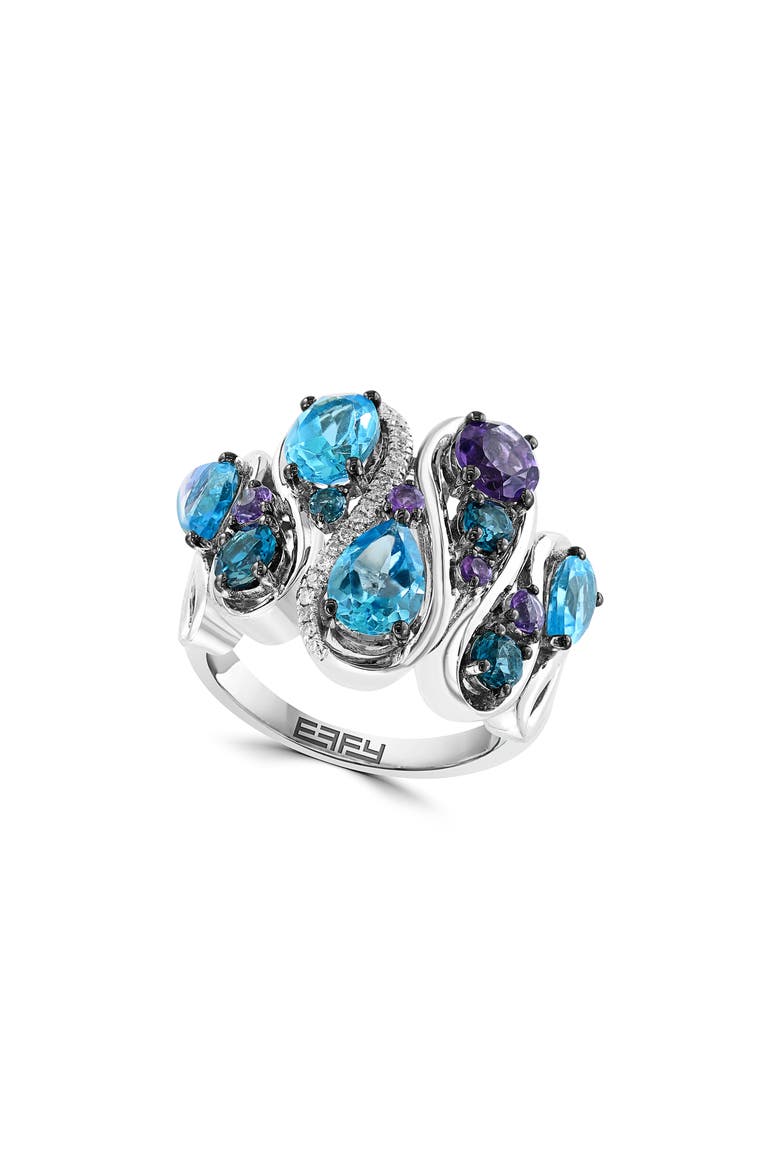Sterling Silver Amethyst, Blue Topaz, London Blue Topaz & Diamond Ring - 0.07ct., Main, color, MULTI
