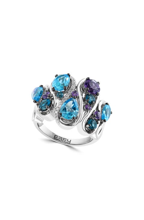 Sterling Silver Amethyst, Blue Topaz, London Blue Topaz & Diamond Ring - 0.07ct.