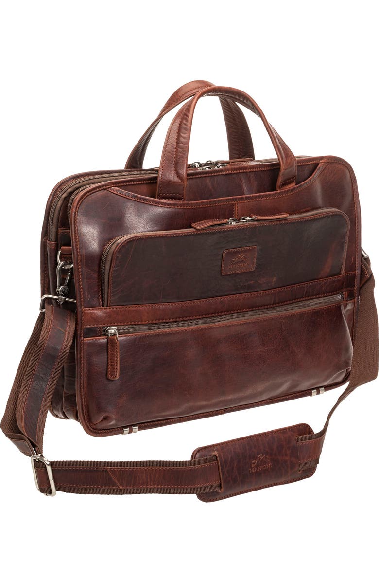 Mancini Triple Compartment Leather Briefcase, Main, color, Brown