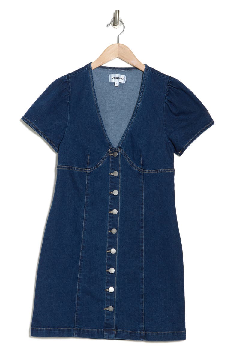 Short Sleeve Button-Front Denim Dress, Alternate, color, DARK WASH