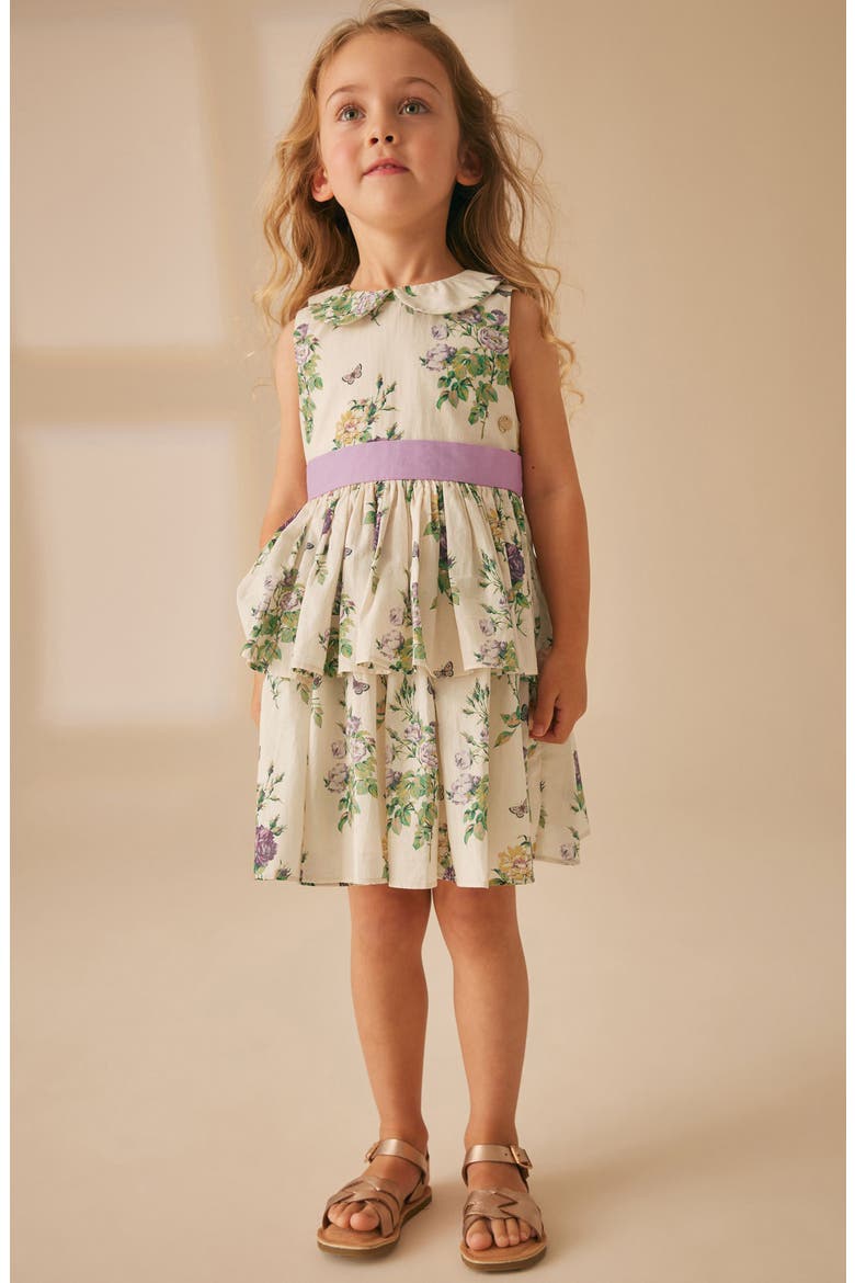 Kids' Floral Tiered Cotton Dress, Main, color, CREAM / PURPLE