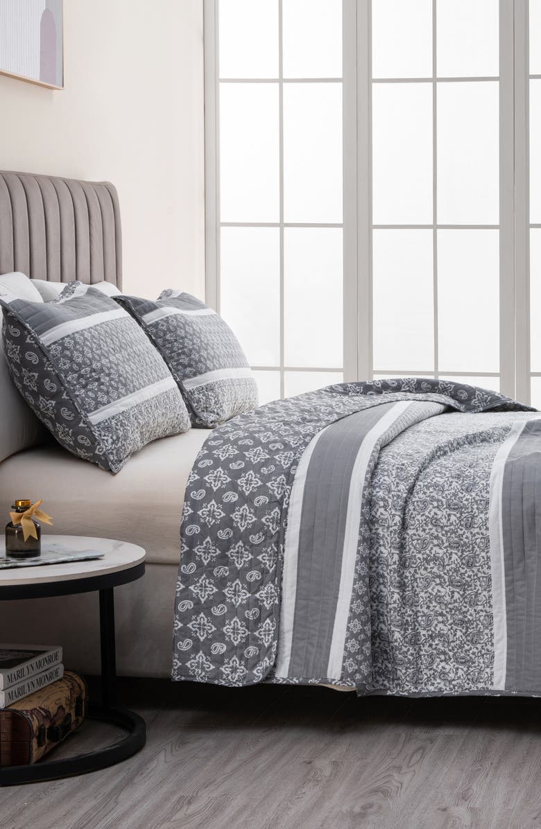 Woven & Weft Stripe & Paisley Quilt & Sham Set, Alternate, color, Grey
