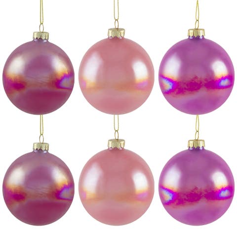 Shiny Glass Ball Christmas Ornaments - 3" (80mm) - Pink, Purple and Peach  - 6ct