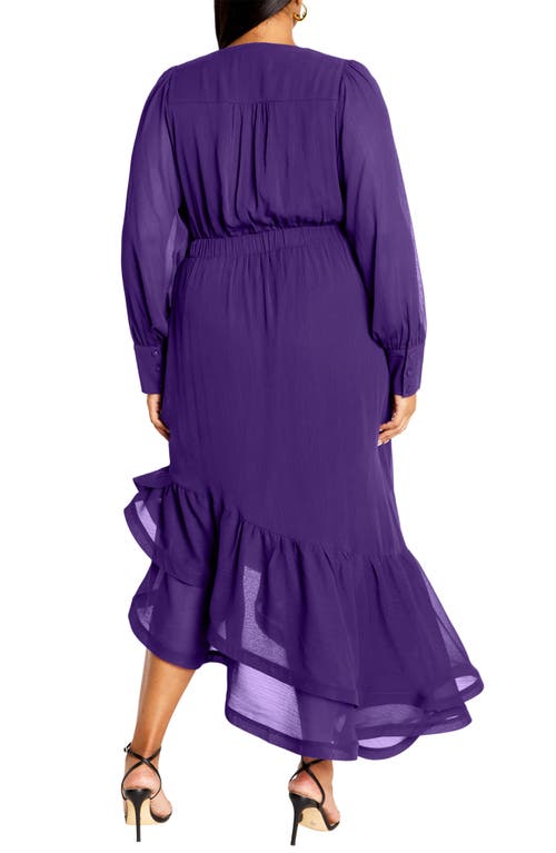 City Chic Antoinette Long Sleeve Asymmetric Midi Dress In Royal Purple