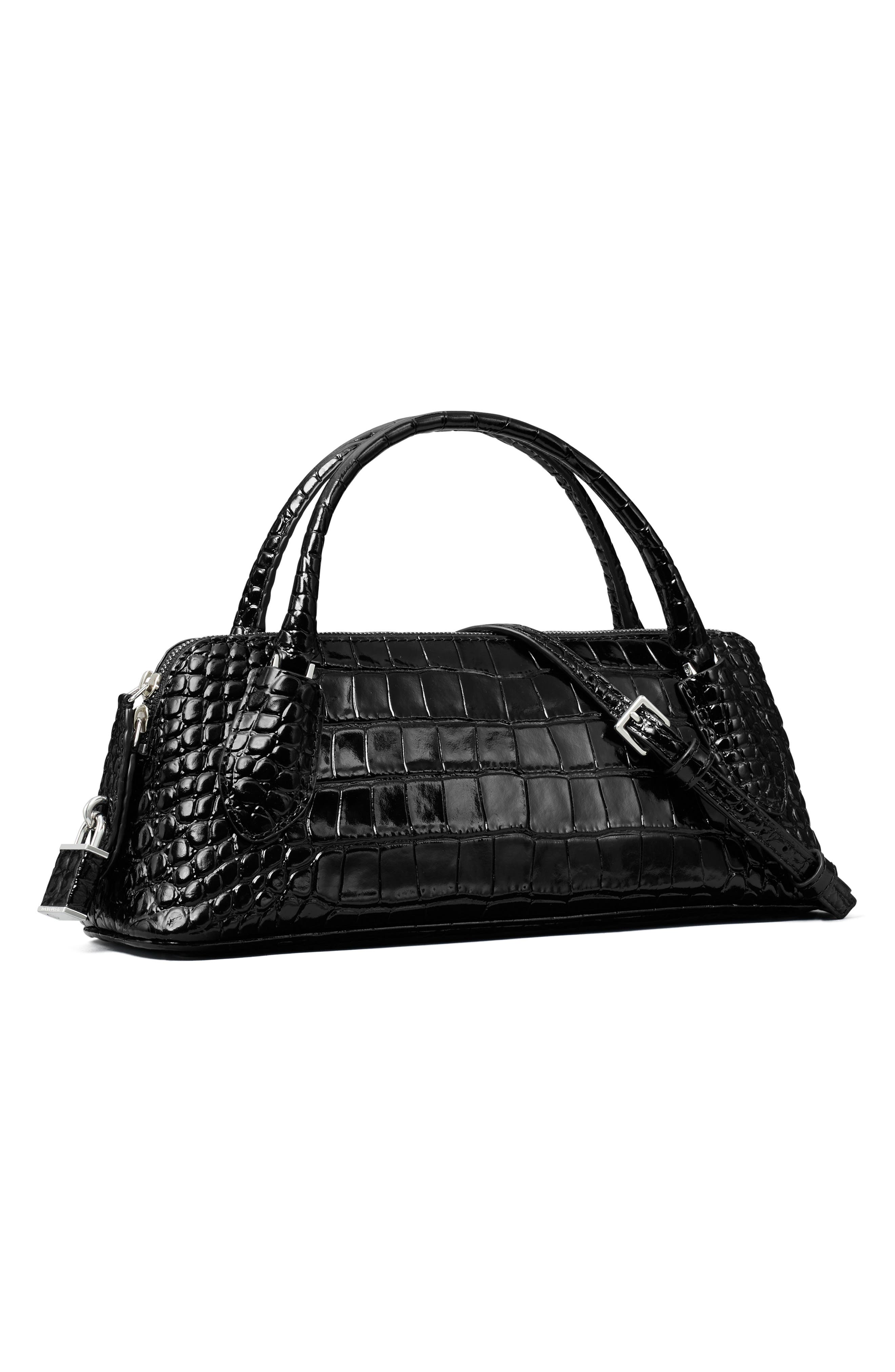 Lock Croc Embossed Leather Top Handle Bag, Alternate, color, BLACK