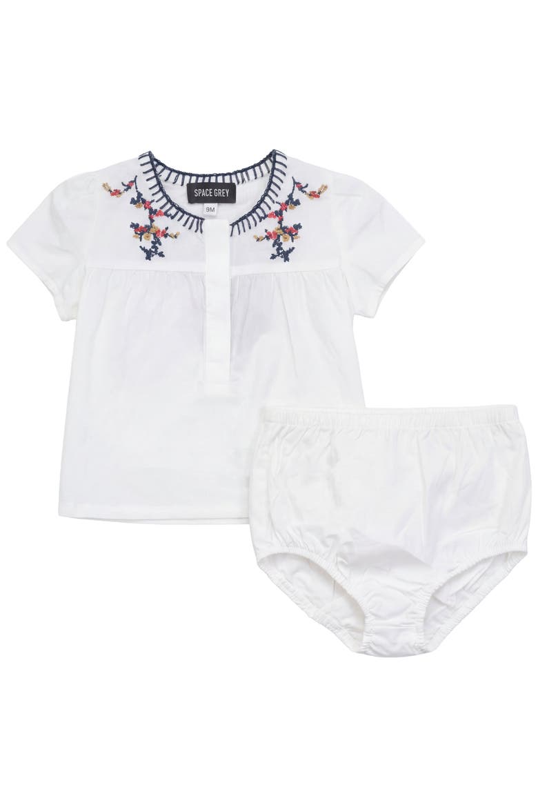 Floral Emboidered Woven Short Sleeve Top and Bloomers Set, Main, color, White