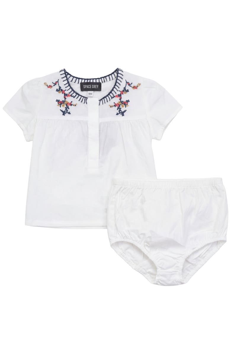 Space Grey Floral Emboidered Woven Short Sleeve Top and Bloomers Set, Main, color, White