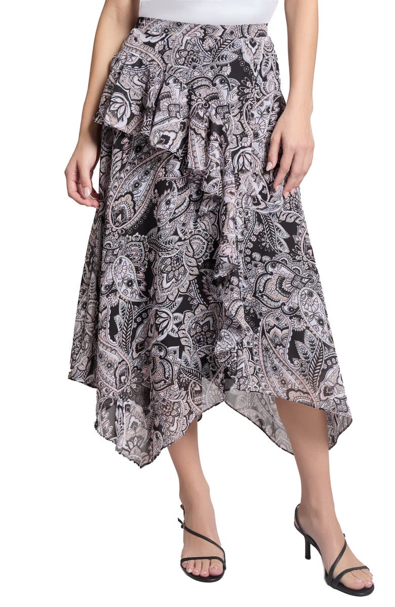 Jones New York Paisley Ruffle Handkerchief Hem Midi Skirt, Main, color, 