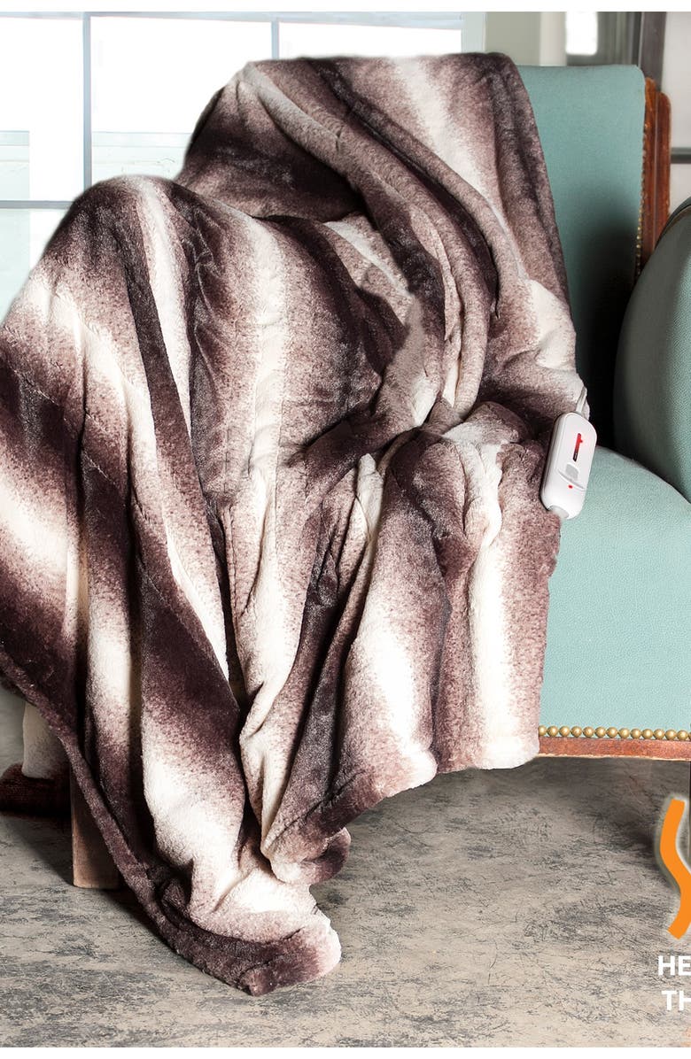 LUXE Brown/White Faux Fur Heated Throw Blanket - 50" x 60", Alternate, color, Brown/White