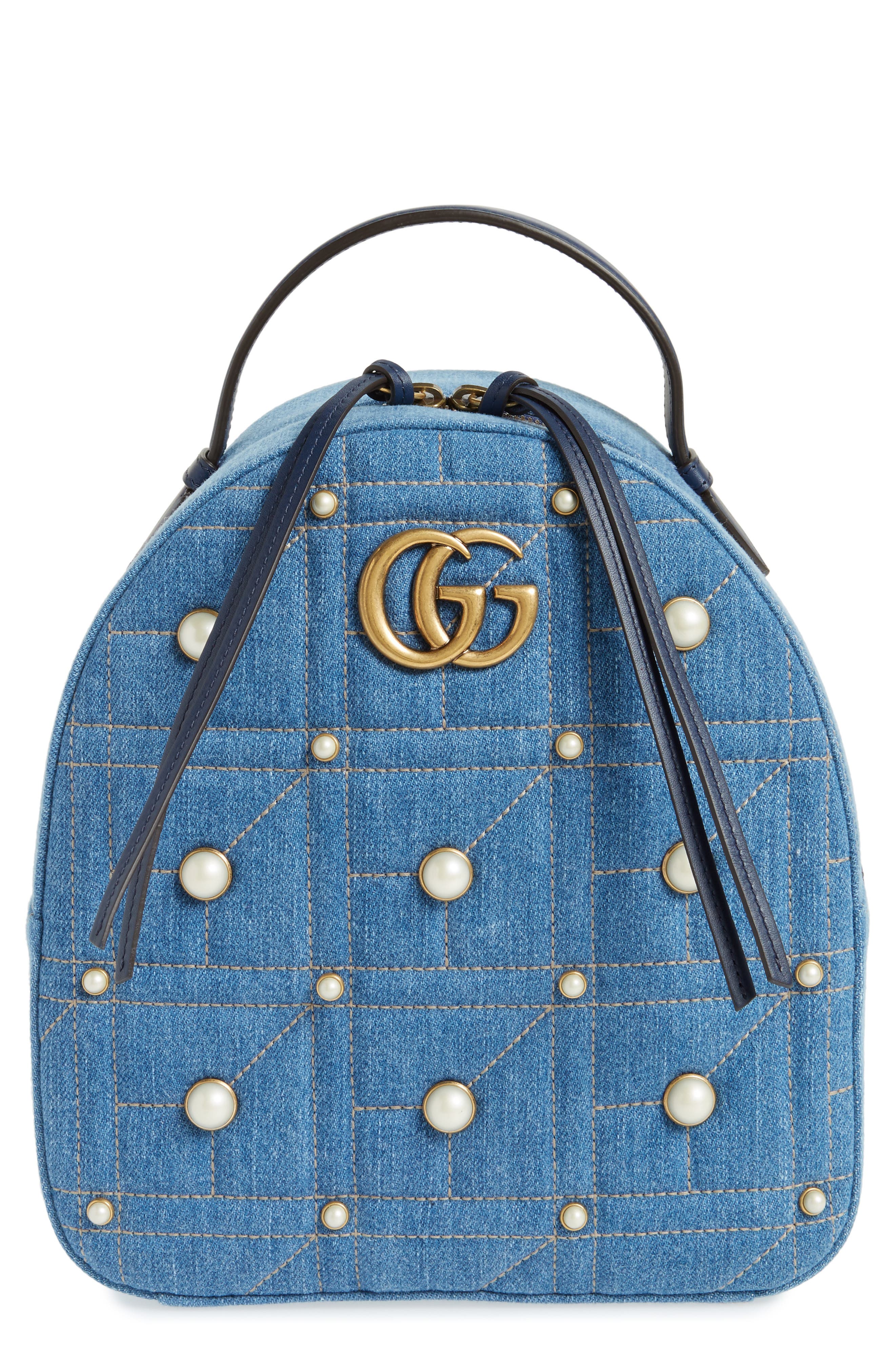 Gucci GG Marmont 2.0 Imitation Pearl Embellished Denim Backpack, Main, color, 