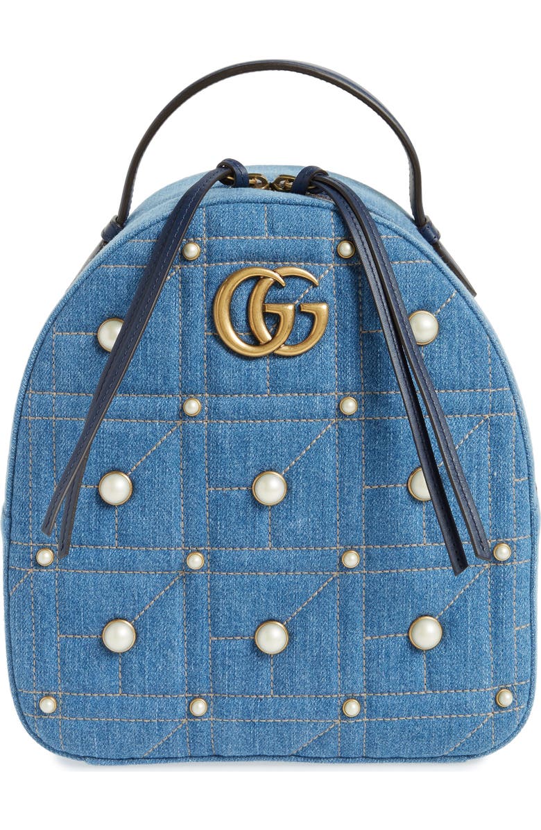 Gucci GG Marmont 2.0 Imitation Pearl Embellished Denim Backpack, Main, color,