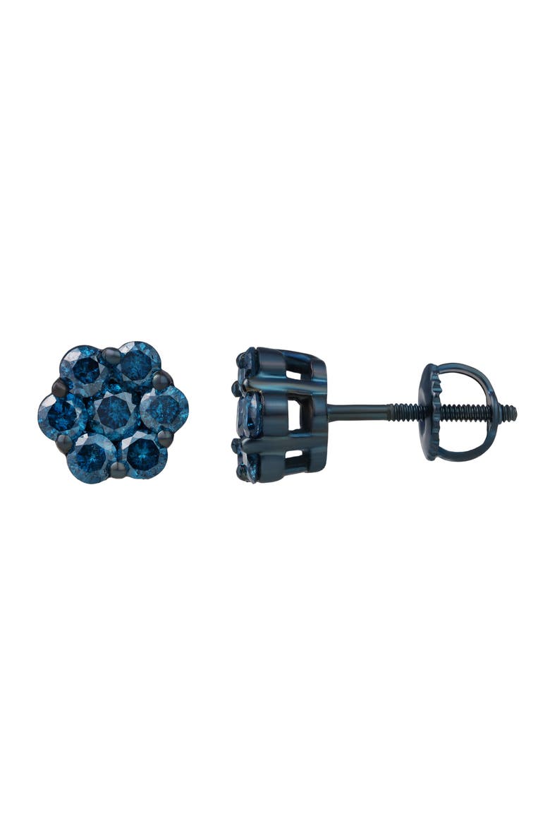Azure 0.75 Cts Blue Diamond Cluster Studs Blue Rhodium 10K Gold Earrings, Main, color, 10K White Gold