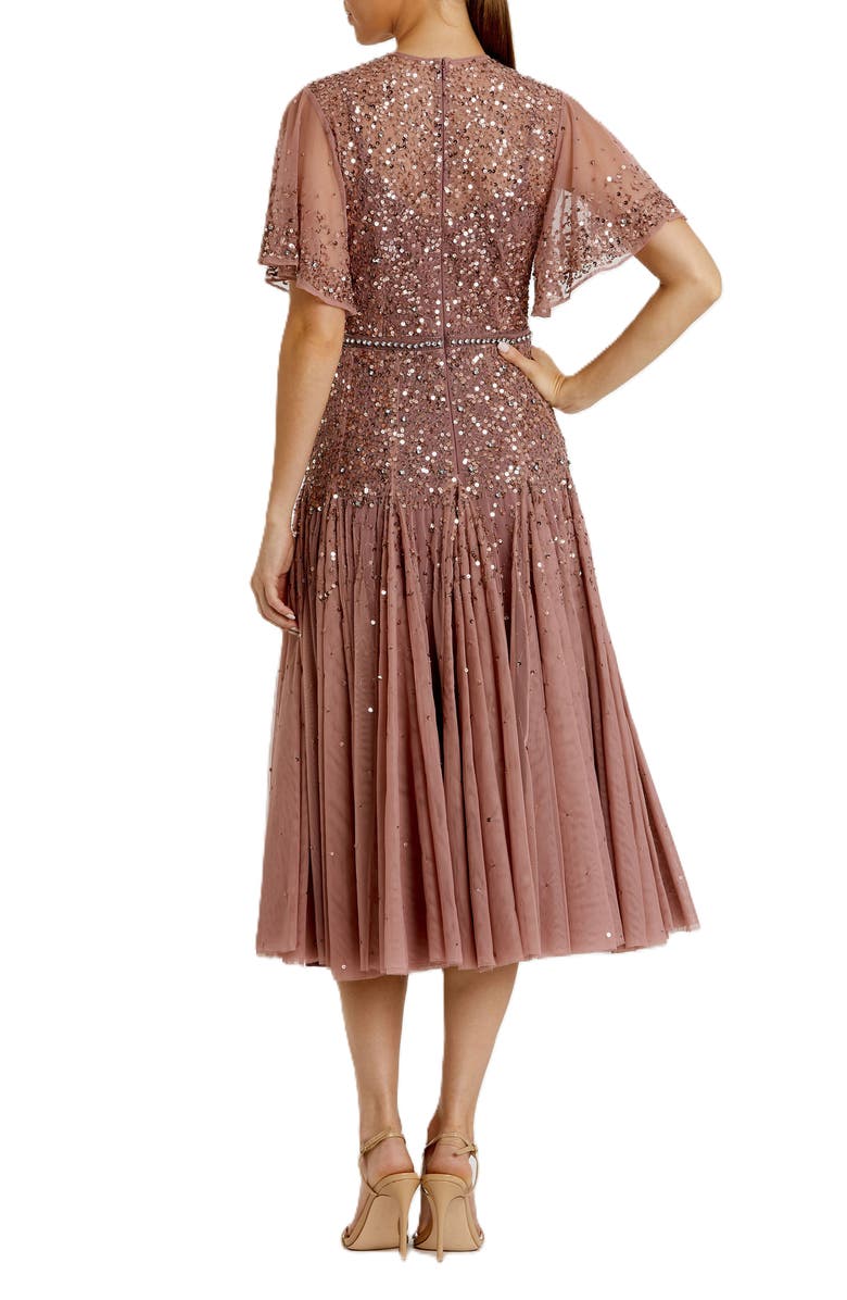 Mac Duggal Cape Sleeve Beaded Tea Length A-line Dress, Alternate, color, Rosewood