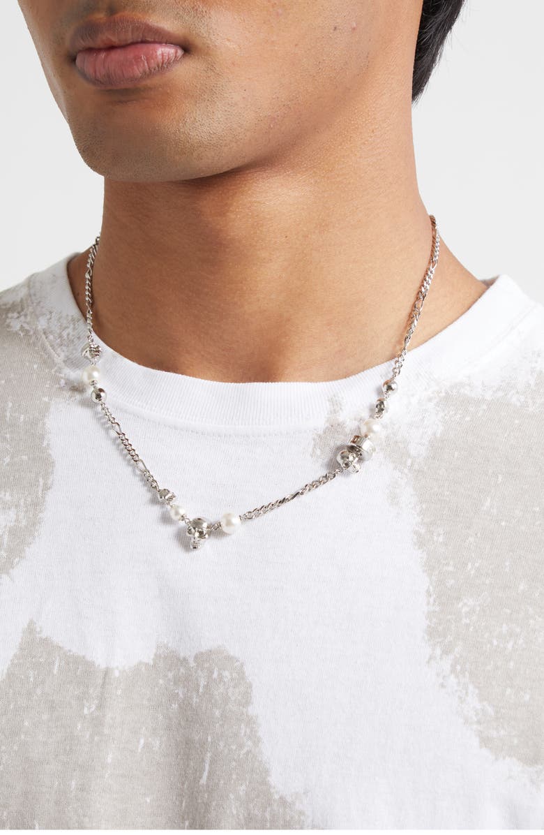 McQueen Crystal Skull & Faux Pearl Necklace, Alternate, color, 926/ Pearl/ Cry