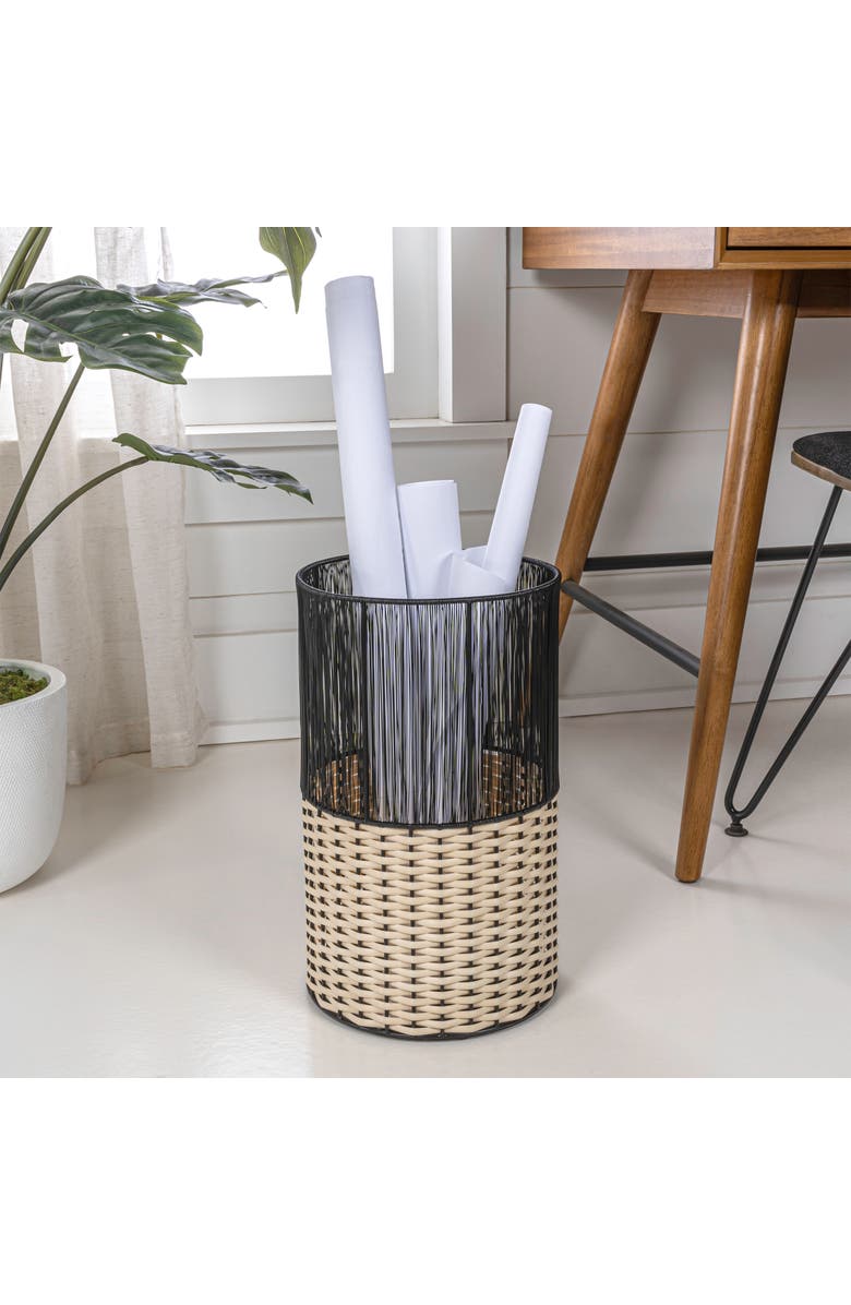 HAPPIMESS Harper Modern 2-Tone Faux Wicker Cylinder Waste Basket, Alternate, color, Black/Cream