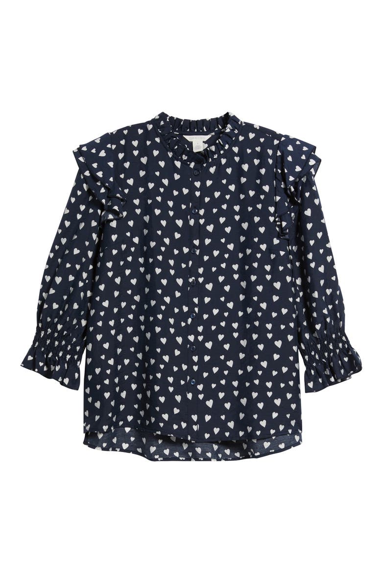Ruffle Print Top, Alternate, color, NAVY- WHITE FLOATING HEARTS