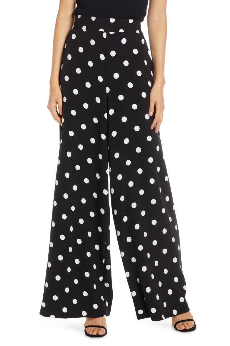 Polka Dot Wide Leg Crepe Pants, Main, color, BLACK