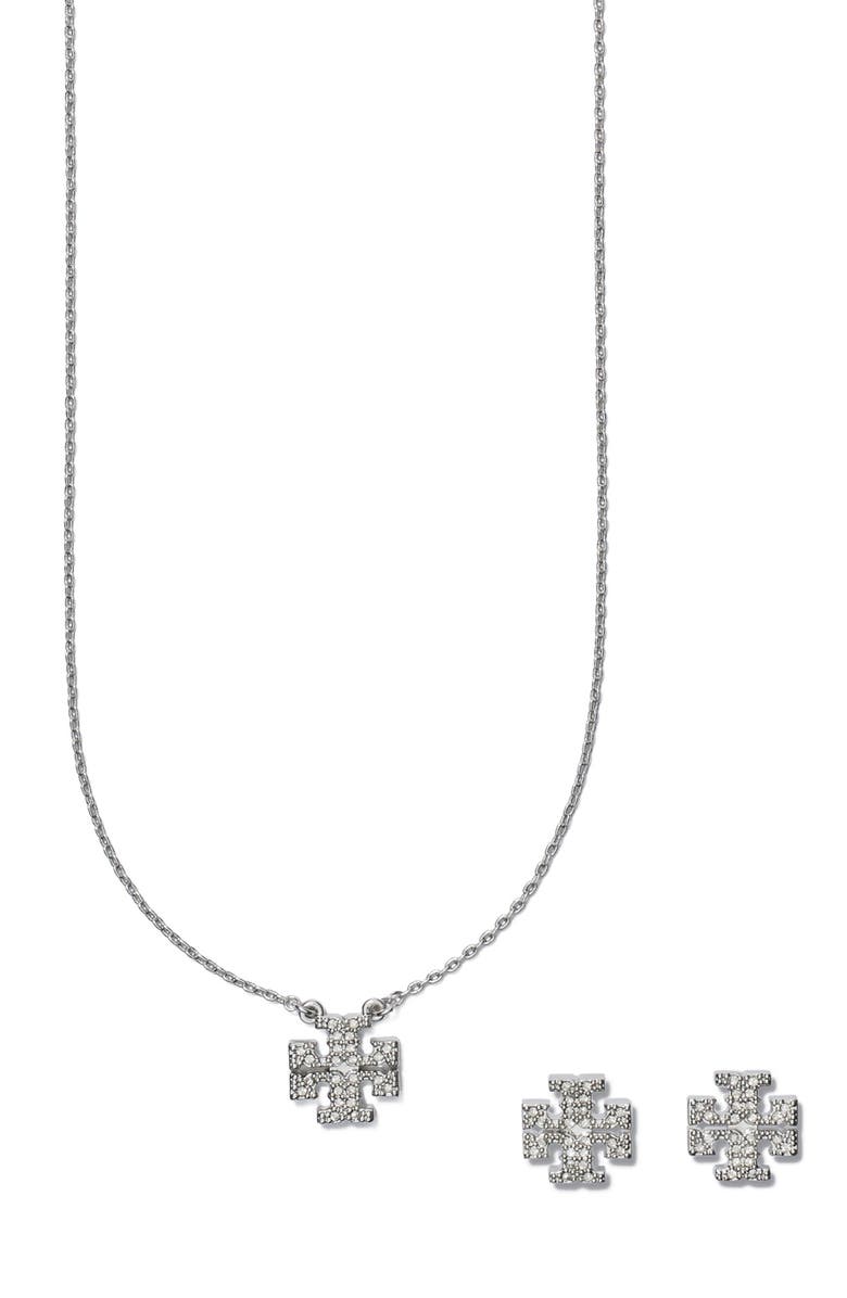 Tory Burch Kira Pavé Pendant Necklace & Stud Earrings Set, Main, color,