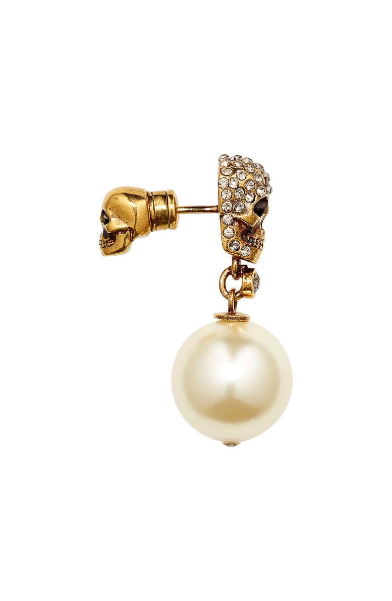 McQueen Swarovski Crystal Pavé Skull & Imitation Pearl Drop Earrings, Alternate, color, 2375 Antique Gold - Pearl