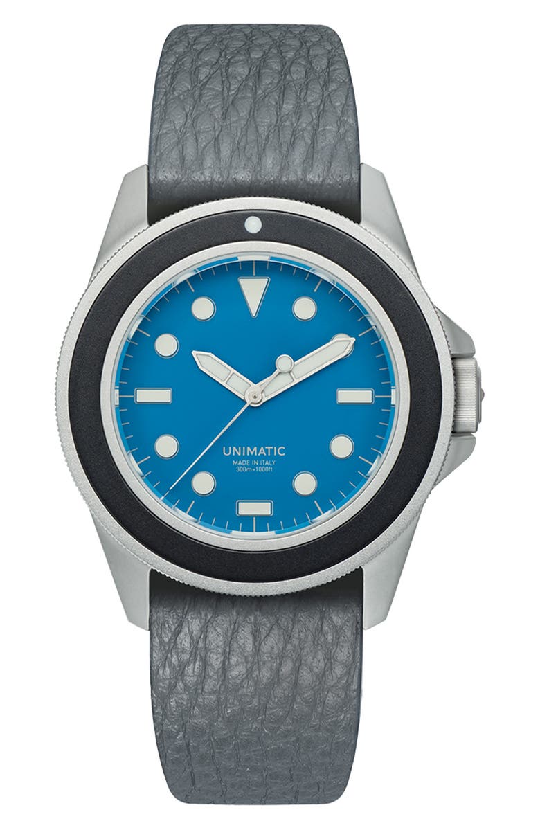 UNIMATIC UT1-AS Sky Diver Leather Strap Watch, 49mm, Main, color, Alpine Sky