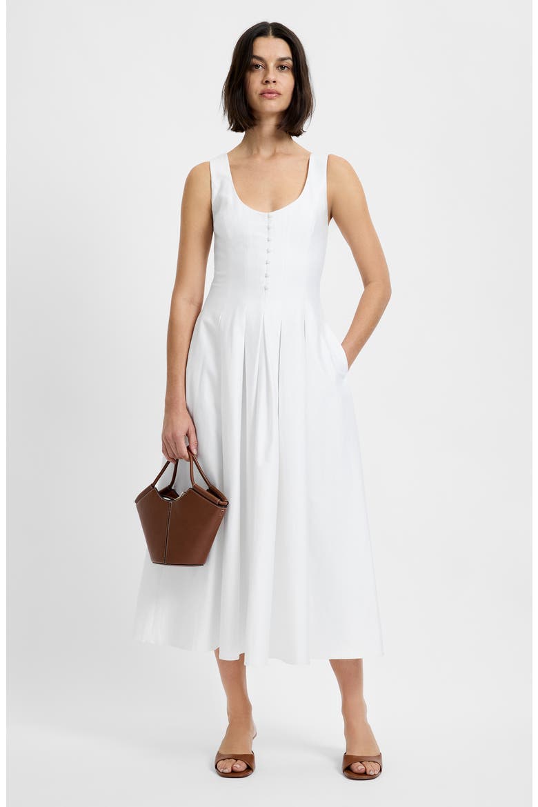 Pleated Sleeveless Sateen Midi Dress, Alternate, color, SUMMER WHITE