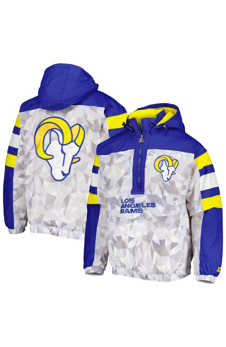 STARTER Men's Starter White/Royal Los Angeles Rams Thursday Night Gridiron Raglan Half-Zip Hooded Jacket, Main, color, White