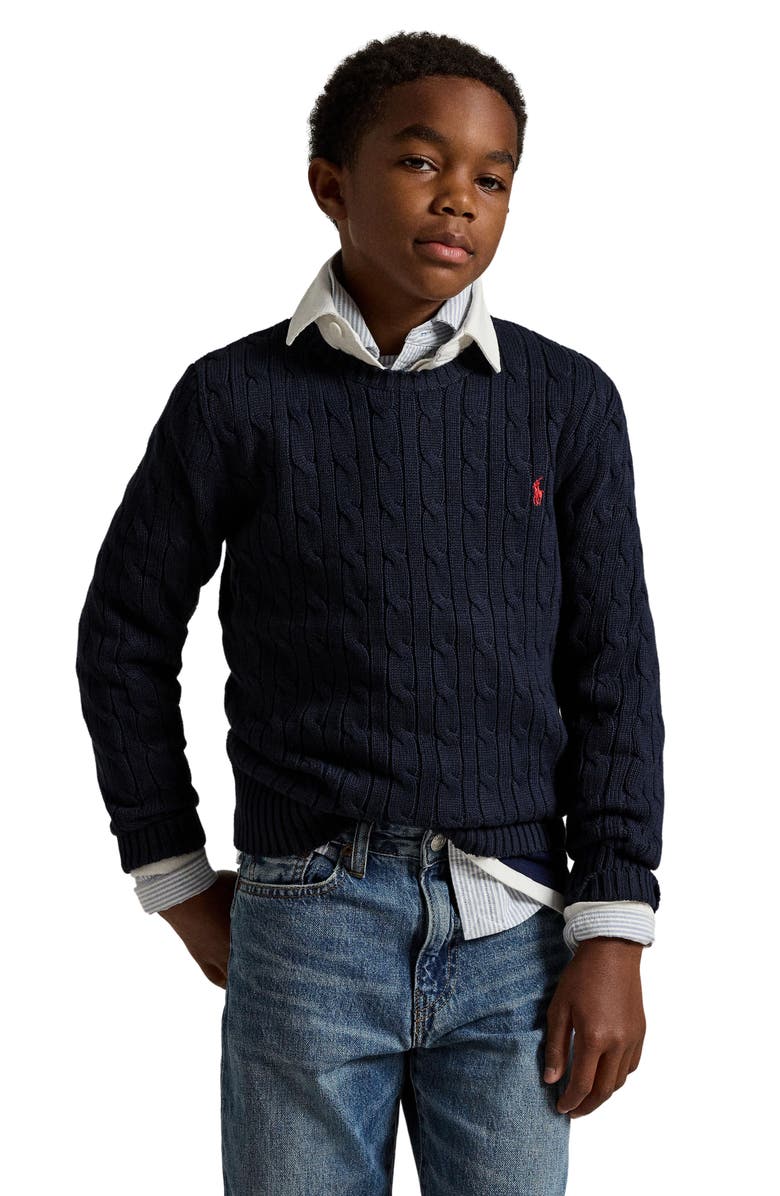 Polo Ralph Lauren Kids' Cabled Cotton Crewneck Sweater, Alternate, color, Navy