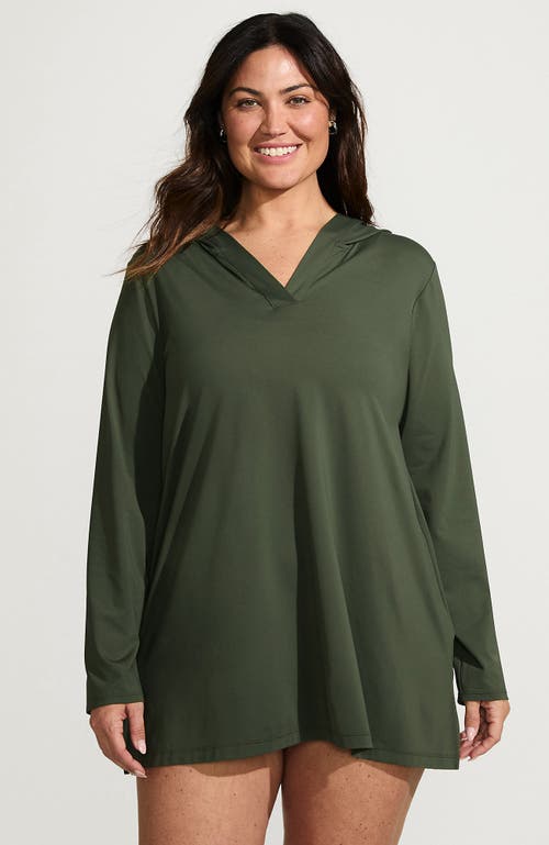 Lands' End Cotton Jersey Long Sleeve Hooded Swim Cover-up Dress In Rich Olive Green