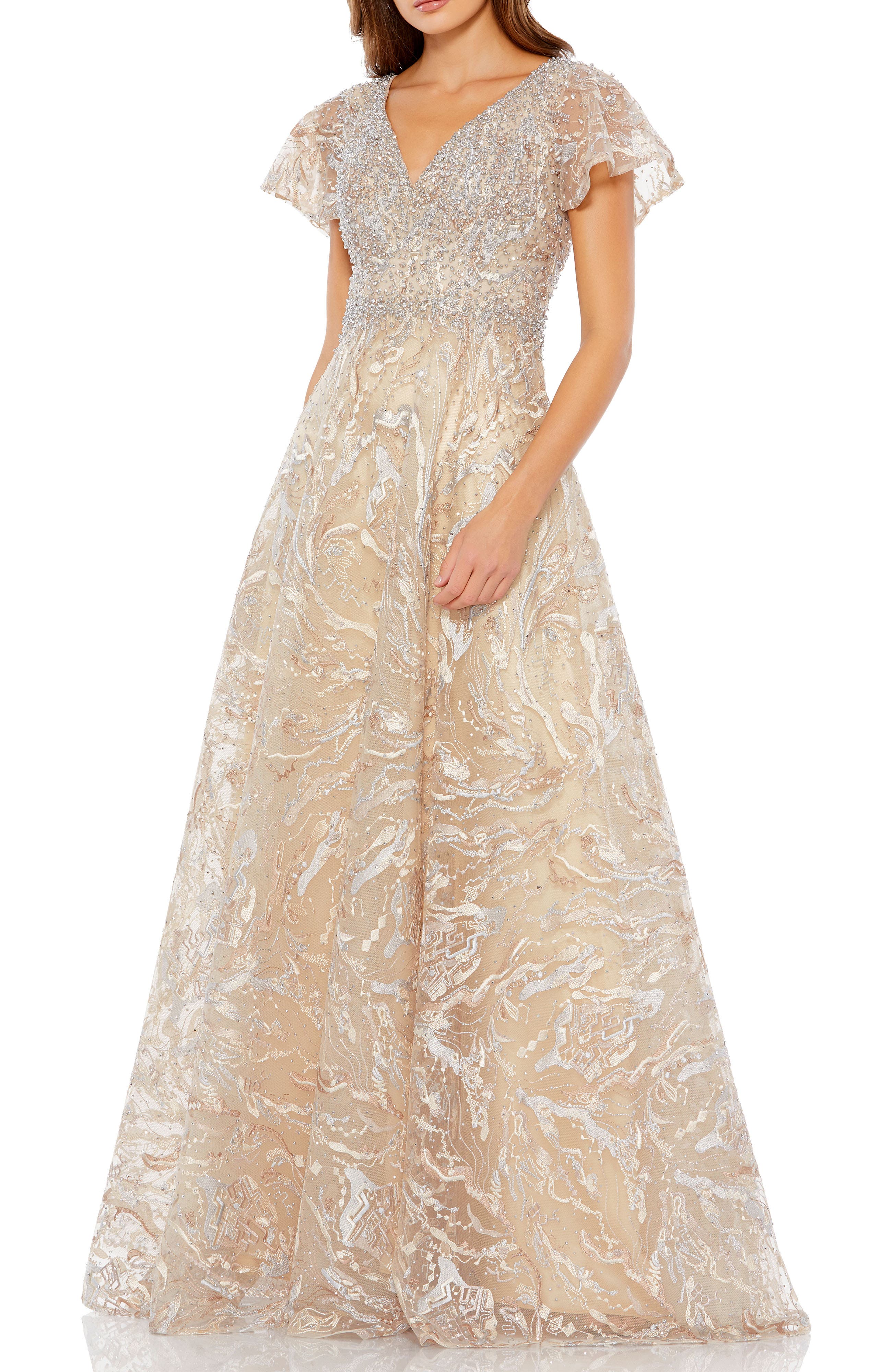 butterfly sleeve formal dress B233057 Charming Poly Chiffon Dress with Mod Square Neckline and Butterfly Sleeves
